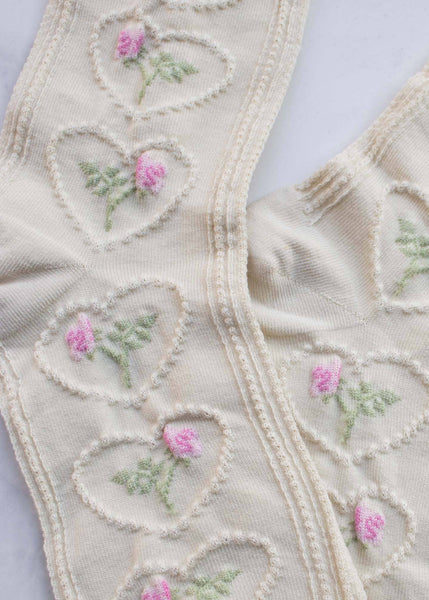 Vintage Rose & Heart Casual Socks - Cream