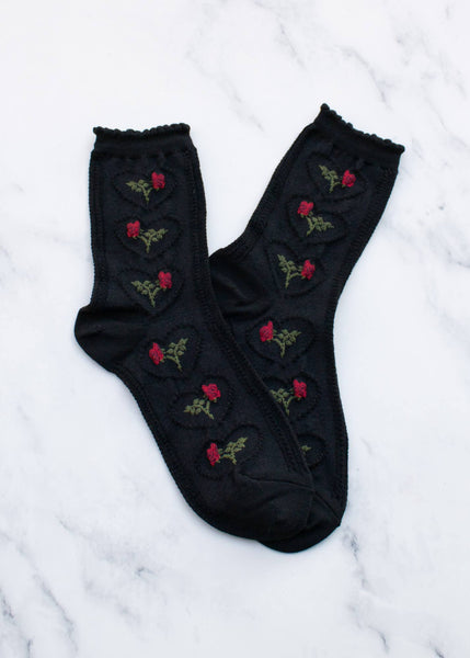 Vintage Rose & Heart Socks - Black