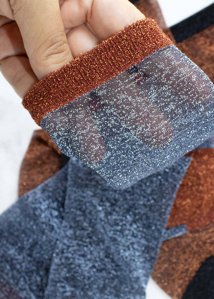 Two Tone Glitter Socks - Denim/Brick