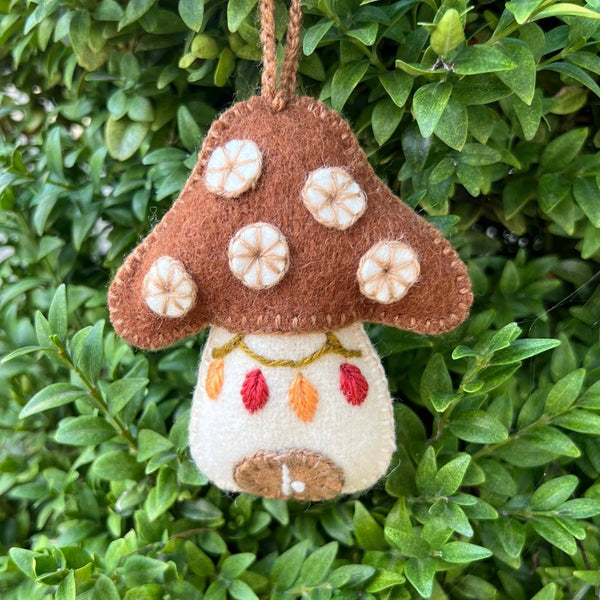 Mushroom House Embroidered Wool Ornament
