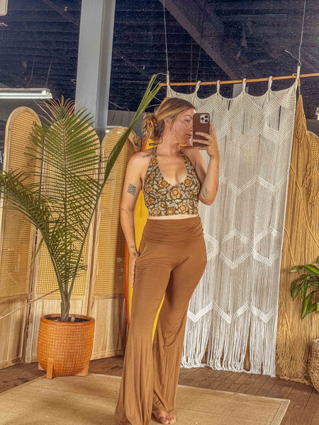 Organic Cotton Boho Tie Back Halter: Olive + Mustard