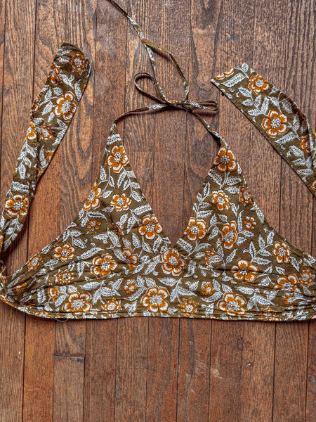 Organic Cotton Boho Tie Back Halter: Olive + Mustard