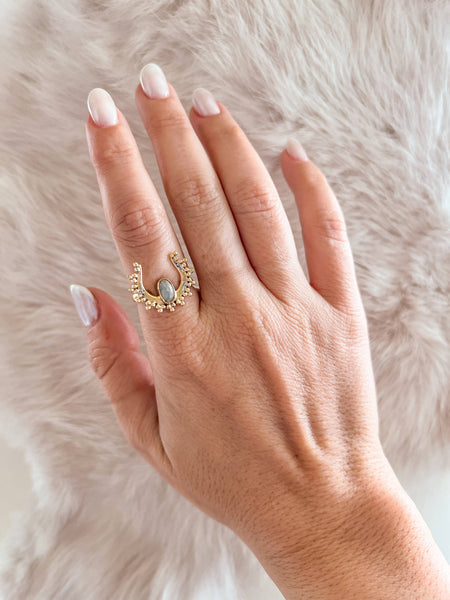Baizaar - Spotted Brass Horn Ring with Labradorite Stone: 6