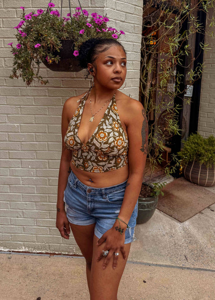 Organic Cotton Boho Tie Back Halter: Olive + Mustard