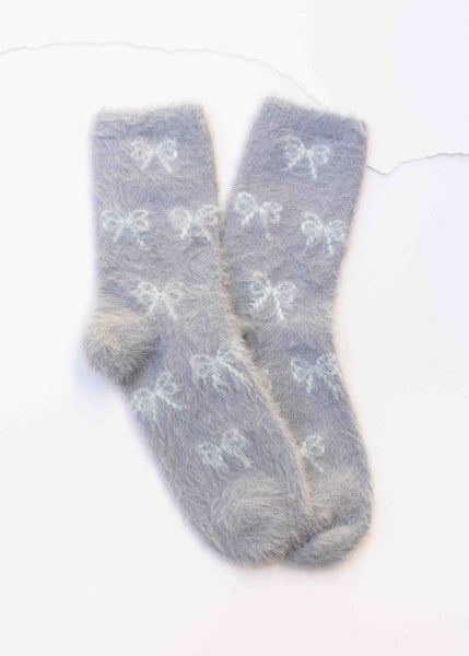 Fluffy Bow Socks - Grey