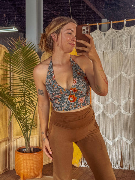 Organic Cotton Boho Tie Back Halter: Teal Bloom