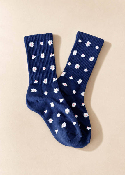 Tiepology - Daisy Dot Crew Socks: Navy