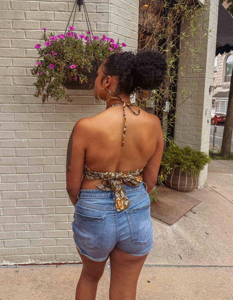 Organic Cotton Boho Tie Back Halter: Olive + Mustard