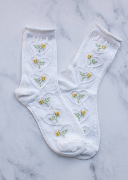 Vintage Rose & Heart Socks - White