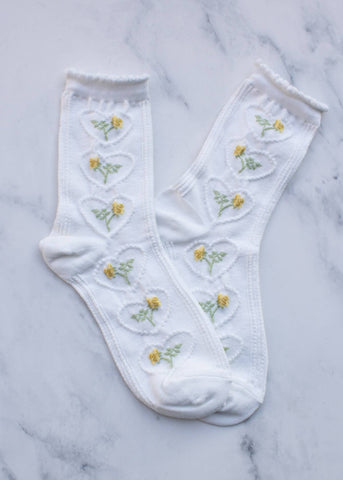 Vintage Rose & Heart Socks - White