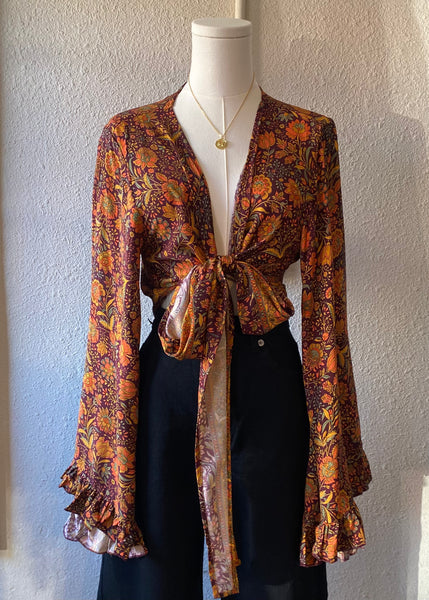 Bohemian Silk  Wrap Top - Jewel Field Brown
