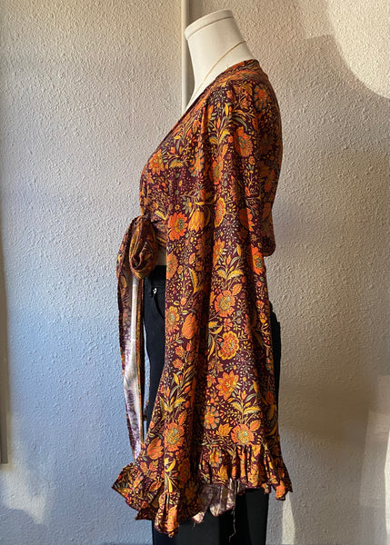 Bohemian Silk  Wrap Top - Jewel Field Brown