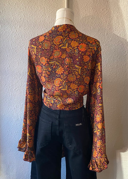 Bohemian Silk  Wrap Top - Jewel Field Brown