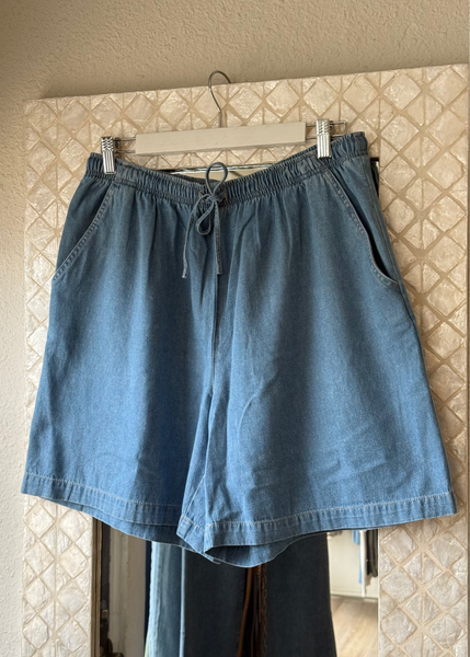 Light blue denim shorts with an elastic drawstring waist, hanging on a white hanger against a textured beige wall.