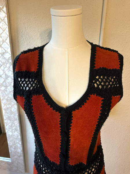 Vintage Black Crochet & Rust Suede Patchwork Vest