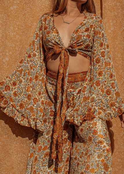 Bohemian Silk  Wrap Top - Jewel Field Brown