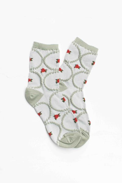 Antique Floral Socks: Sage/Red