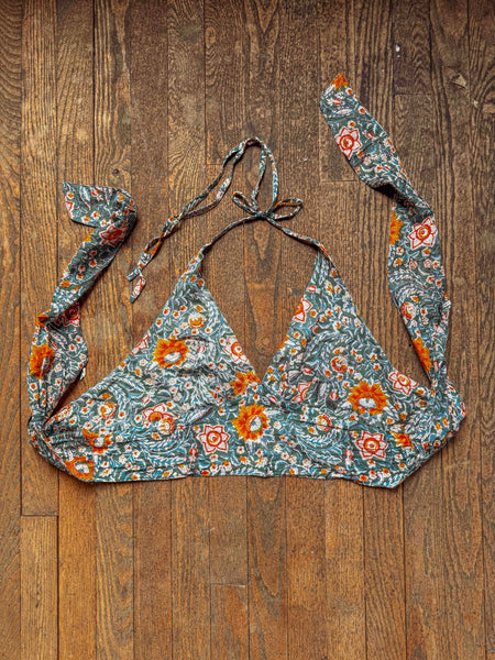 Organic Cotton Boho Tie Back Halter: Teal Bloom