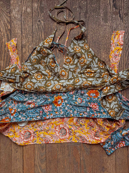 Organic Cotton Boho Tie Back Halter: Teal Bloom