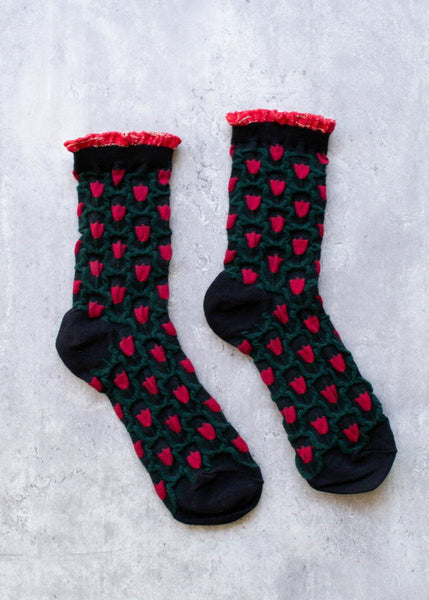 Romantic Floral Socks - Black/Red