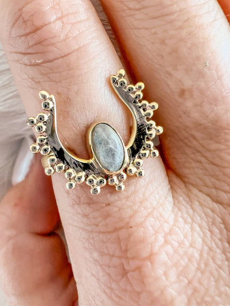 Baizaar - Spotted Brass Horn Ring with Labradorite Stone: 7