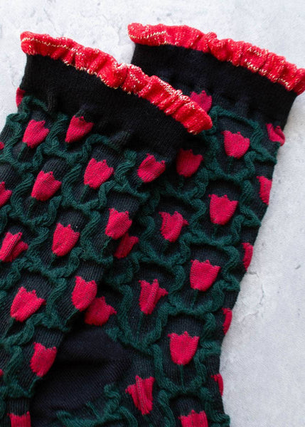 Romantic Floral Socks - Black/Red