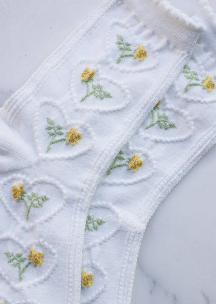 Vintage Rose & Heart Socks - White